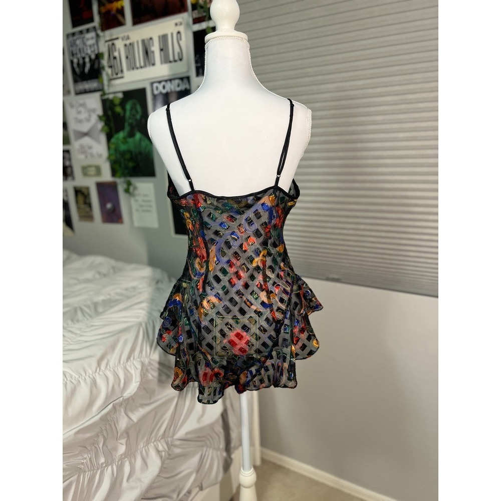 Gold Label Victoria's Secret Vintage Teddy M Floral Sheer Mesh Black Multicolor - Picture 3 of 7